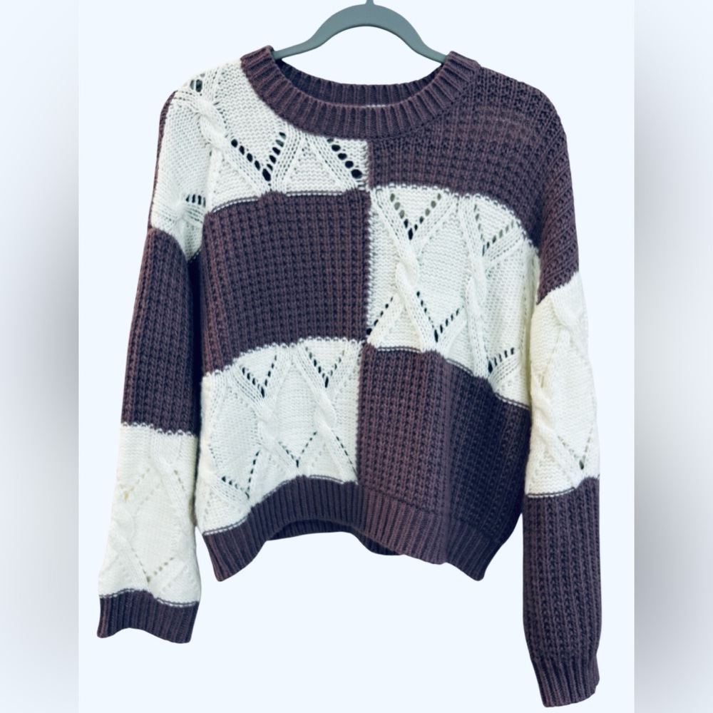 Love Tree Patchwork Knit Sweater in Grape and Cream